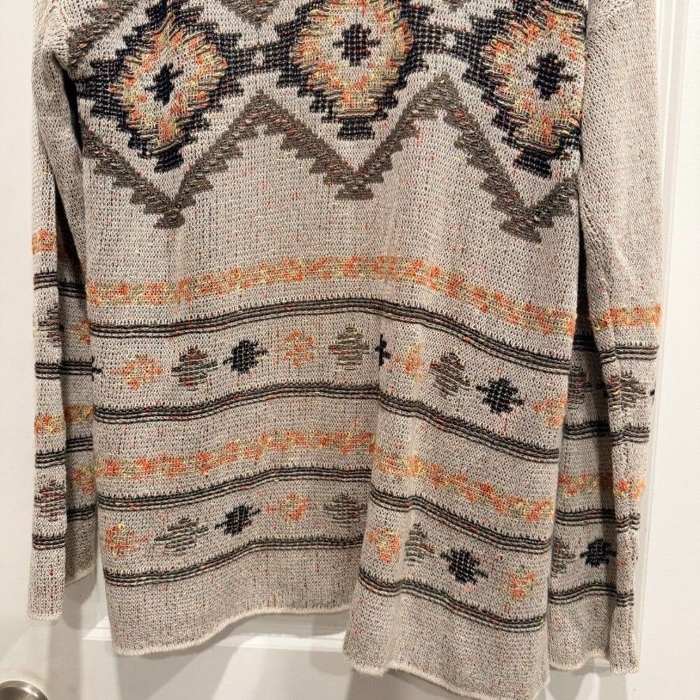 J Jill Womens Large Open Front Cardigan Aztec Western Boho Intarsia Knit Oatmeal - Picture 9 of 10